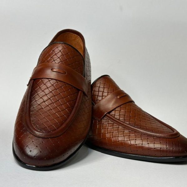 کفش چرم طبیعی کالج طرح حصیری مدل 1128
