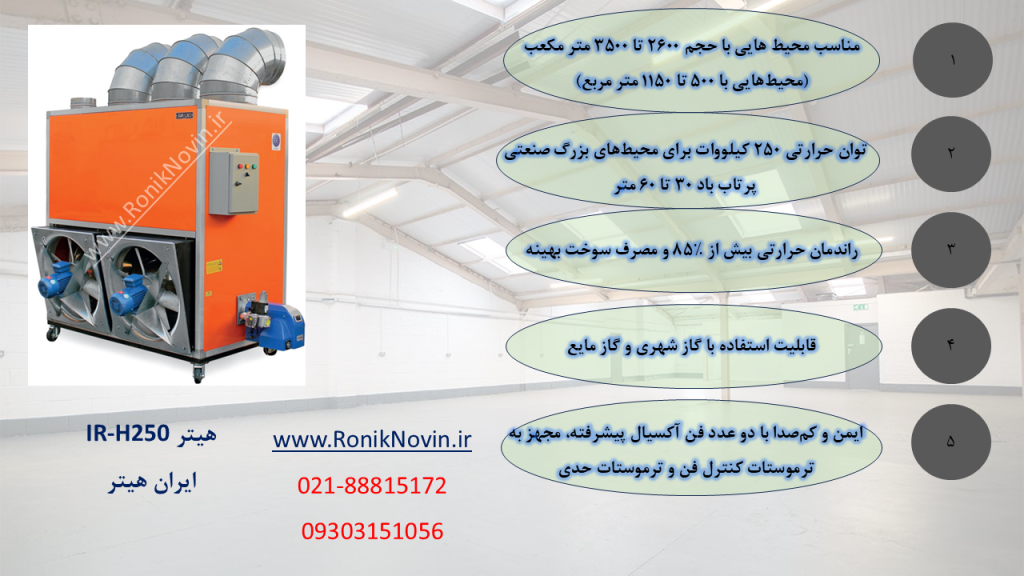 هیتر گازی ir-h250،ایران هیتر-بخاری بزرگ-بخاری کارگاهیی-بخاری سوله-بخاری فن دار،بخاری گلخانه،هیتر گلخانه،رونیک نوین،www.roniknovin.ir